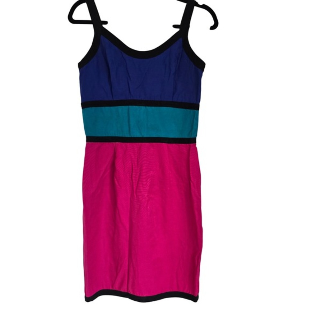 😀 T G I F Color Block Sheath Dress Blue Teal Pink Black Trim Zipper Back‎